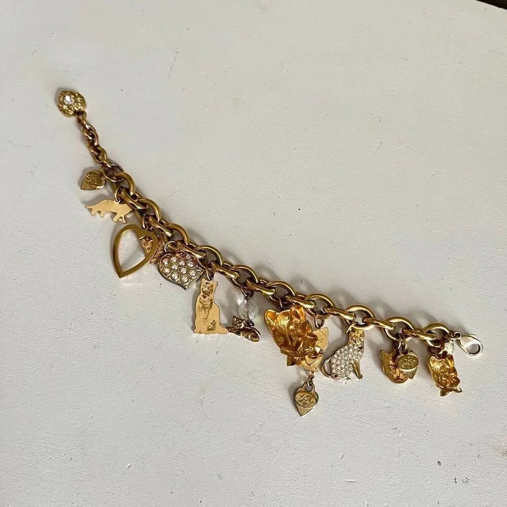 VTG Kirk’s Folly Gold Tone Cat Charm Bracelet Hearts Crystals 8” - Picture 13 of 14